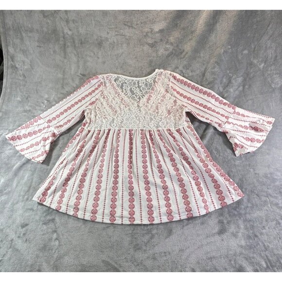 Baby doll Blouse Women's Large Red and White V-Neck Top with Lace upper Back - Picture 2 of 8